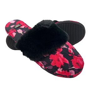 VICTORIA’S Secret Signature Satin Rose Slippers With Faux Fur Size Small